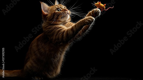  A sleek feline engaged in playtime with an adorable toy mouse against a dark backdrop, displaying its raised forepaws