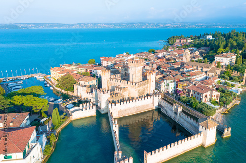 Scaligero Castle aerial panoramic view. Scaligero Castle is a fortress in the historical center of Sirmione town at the Garda Lake in Italy