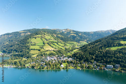 View over lake Zeller to Zell am See town. Beautiful panorama of Zell am See in Tirol Alps in Austria.