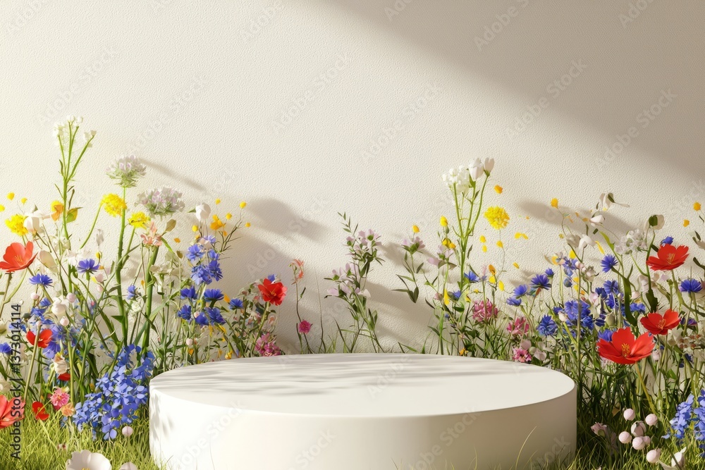 A bright circular platform surrounded by lush flowers showcases a perfect blend of color and nature, ideal for product display or thematic photo shoots in a studio setting.