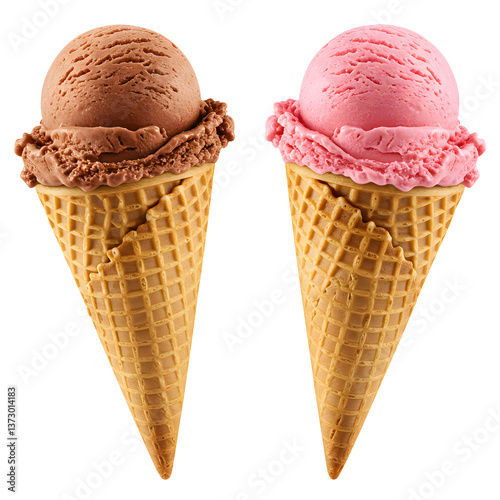 Chocolate and Strawberry Ice Cream Cones – Waffle Cone Delight Duo isolated on transparent background