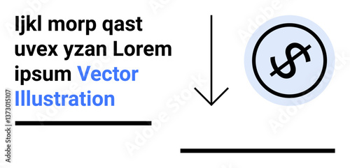 Dollar sign in circular outline with downward arrow, text blocks, and horizontal lines. Ideal for finance, payment, transfer, investment, savings, money management simple landing page