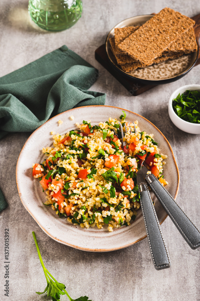 Traditional vegetarian tabbouleh salad on a plate on the table vertical view