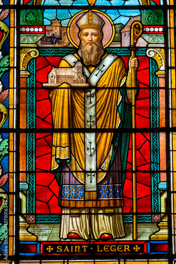 Fototapeta premium Stained glass (1912) of Saint Leger. Catholic Saint.
