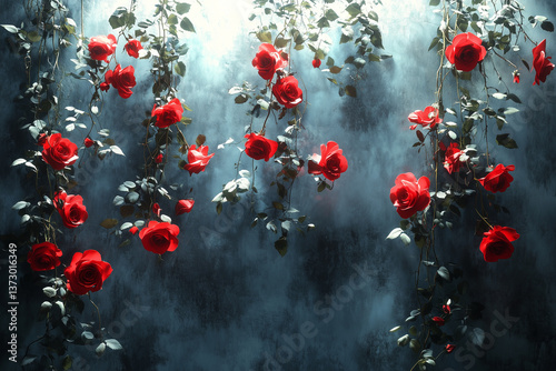 Hanging red roses against dark textured background with dramatic lighting, romantic floral arrangement and mysterious garden atmosphere