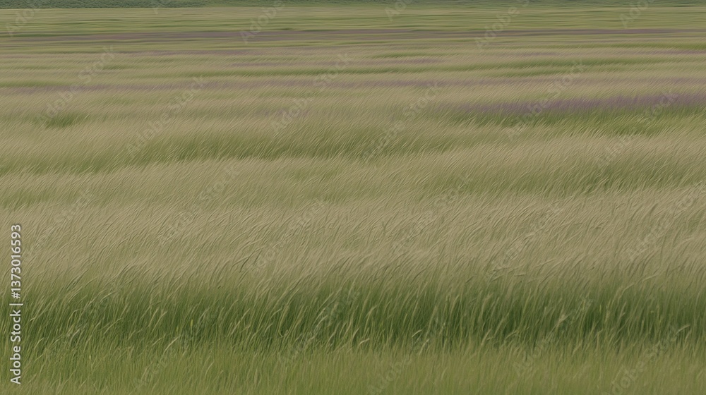 Obraz premium A vast field brimming with towering blades of grass cradles an isolated avian figure amidst a sea of vivid purples