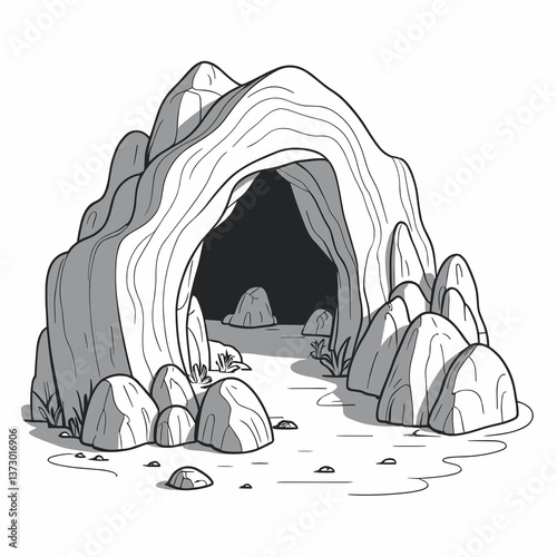 Cave entrance sketch line art with rocks, black and white, representing detailed nature landscape scene drawing