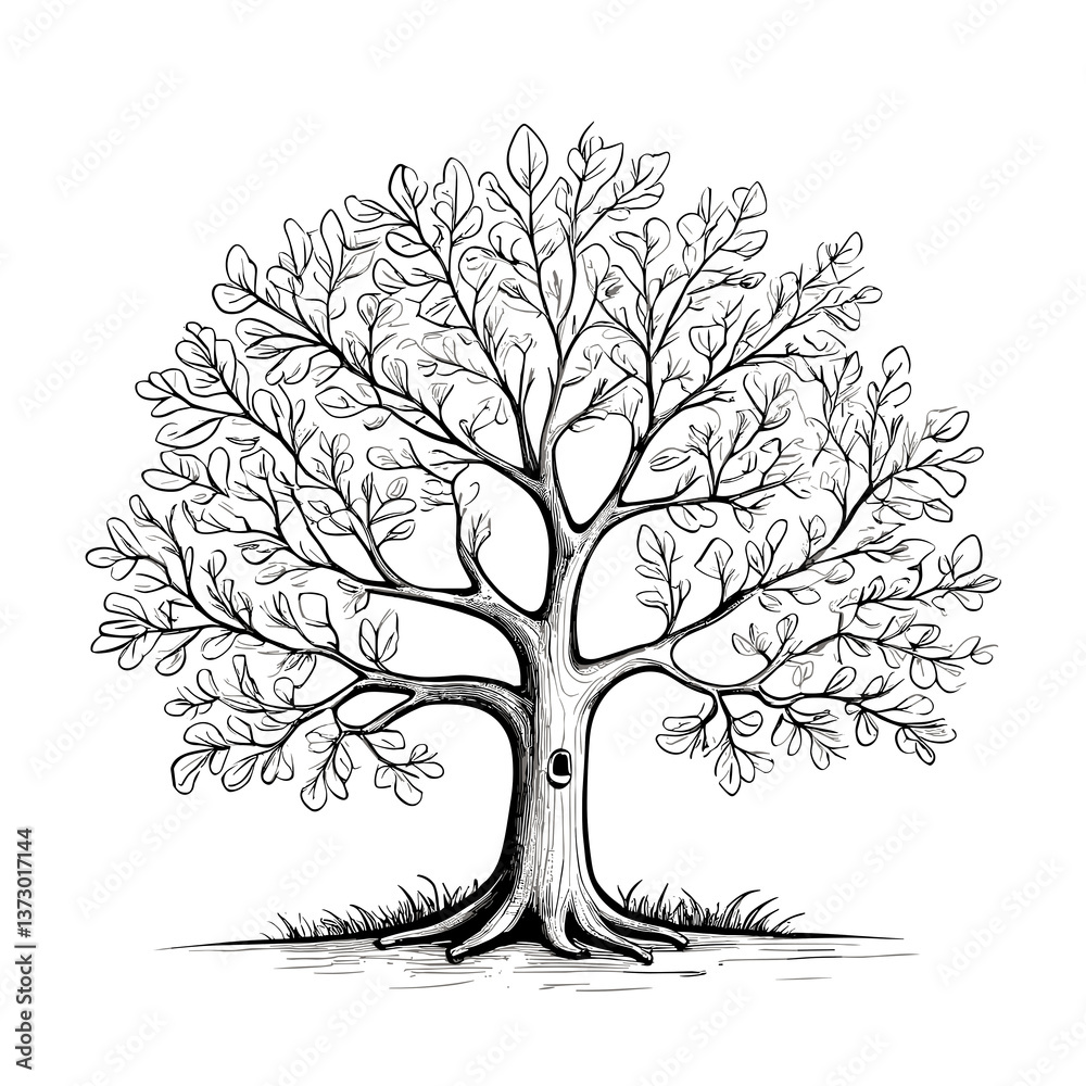 Fototapeta premium Deciduous tree sketch illustration, black and white, representing forest nature or life symbol