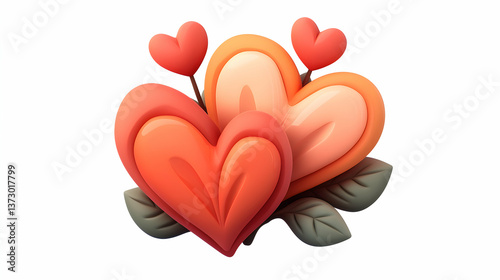 Two 3D Rendered Hearts with Leaves and Small Hearts