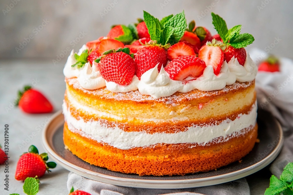 A luscious layer cake sits on a rustic plate, adorned with fresh strawberries and mint leaves. The inviting dessert is surrounded by scattered strawberries, creating a delightful display A luscious layer cake sits on a rustic plate, adorned with fresh strawberries and mint leaves. The inviting dessert is surrounded by scattered strawberries, creating a delightful display