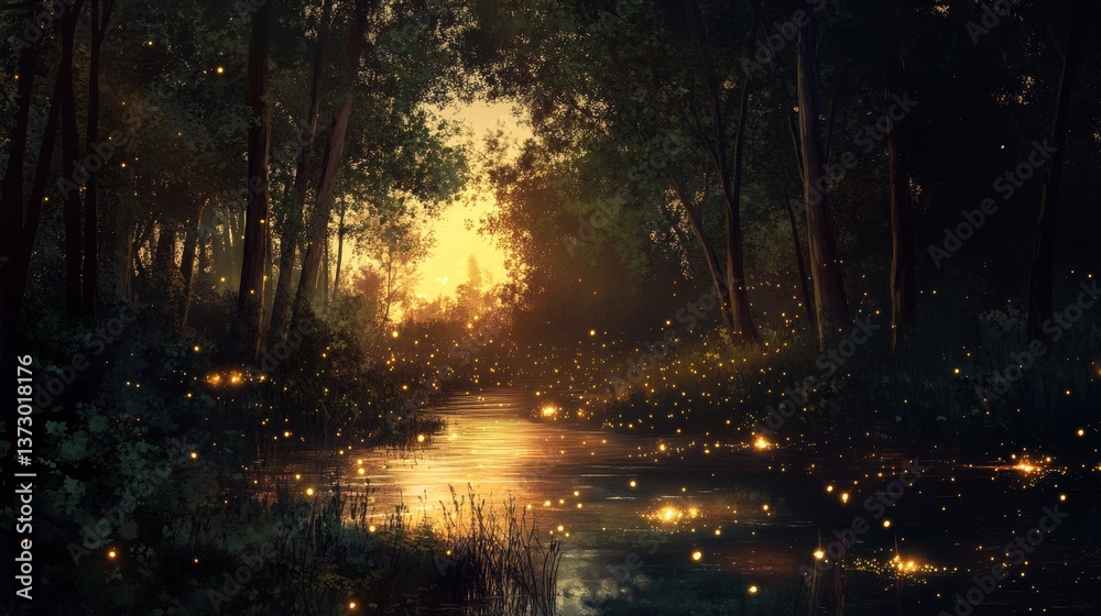 Dark forest with water reflecting light creating a magical atmosphere. Dark forest with water reflecting light creating a magical atmosphere.