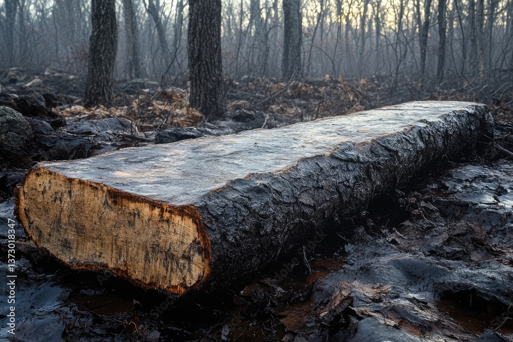 A large freshly cut log resting on the forest ground A large freshly cut log resting on the forest ground