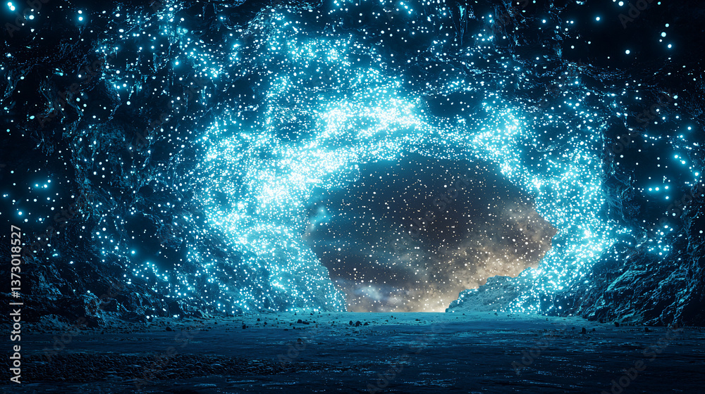 Fototapeta premium Dramatic large blue explosion erupting in a fantasy world of bioluminescent underwater caves creating a stunning visual experience.