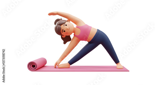A character stretching with a yoga mat in the background, trendy 3D illustration, UI friendly, isolated scene on a white background.