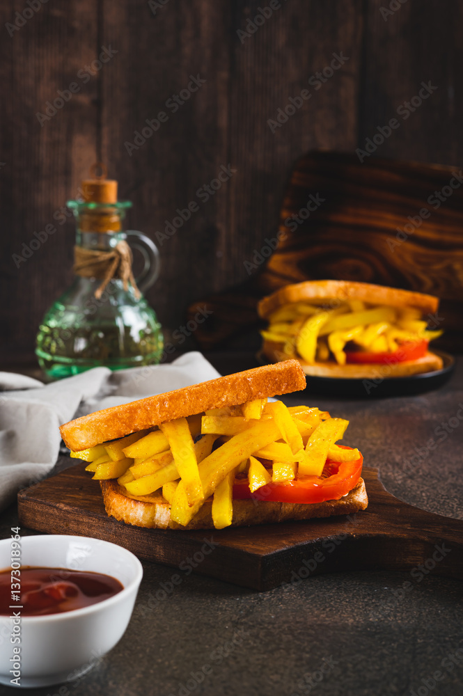 Fried toasts with french fries and tomato on a board on the table vertical view