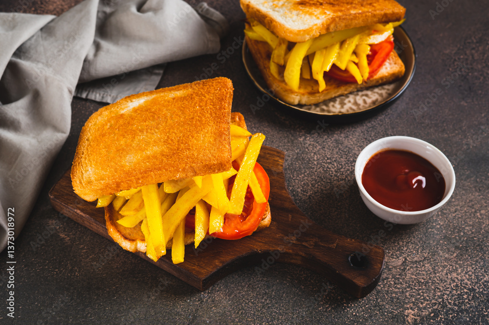 Crispy sandwich with french fries and tomato on a board on a table