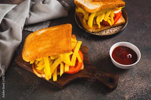 Obraz na płótnie Crispy sandwich with french fries and tomato on a board on a table w salonie