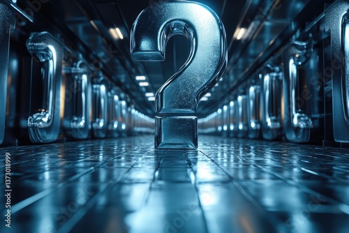 A Large Metallic Question Mark Inside Futuristic Looking Hallway