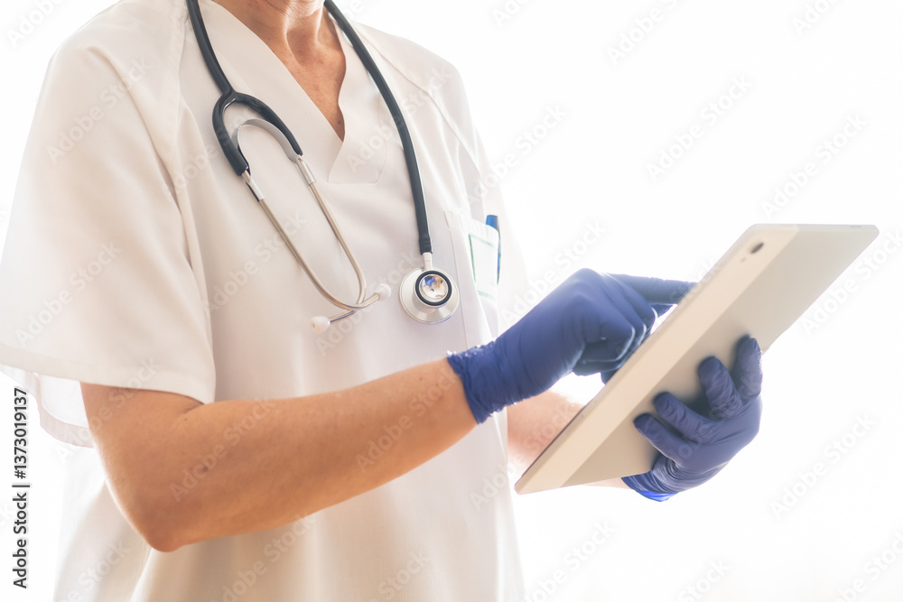 Female doctor wearing stethoscope and blue gloves, using digital tablet in bright medical environment, focusing on modern healthcare technology and patient care Female doctor wearing stethoscope and blue gloves, using digital tablet in bright medical environment, focusing on modern healthcare technology and patient care