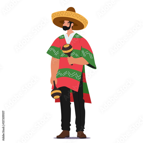 Young bearded Mexican man cartoon character in ethnic clothing playing maracas isolated on white