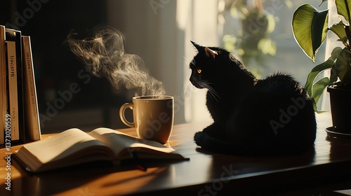 Wallpaper Mural   A cat sits on a table, near a coffee cup and a smoking book Torontodigital.ca