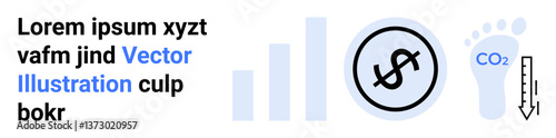 Bar graph, dollar sign in circle, carbon footprint with CO2 text, and descending arrow symbolize financial analysis, carbon emissions, and sustainability. Ideal for finance, environment, impact