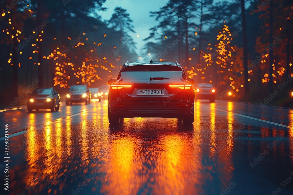 A line of vehicles driving on a wet road at night A line of vehicles driving on a wet road at night
