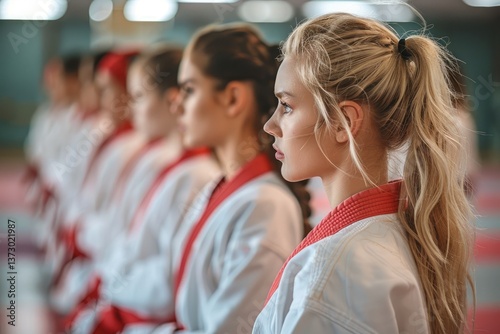 Obraz na płótnie A line of young women stand in martial arts uniforms together w salonie