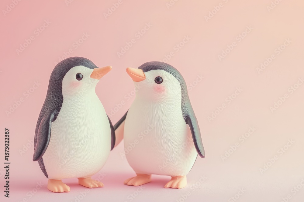 Naklejka premium Two adorable penguin figurines share a moment on a soft pink background, capturing the essence of companionship and playfulness, making the image perfect for children's decor and happiness.