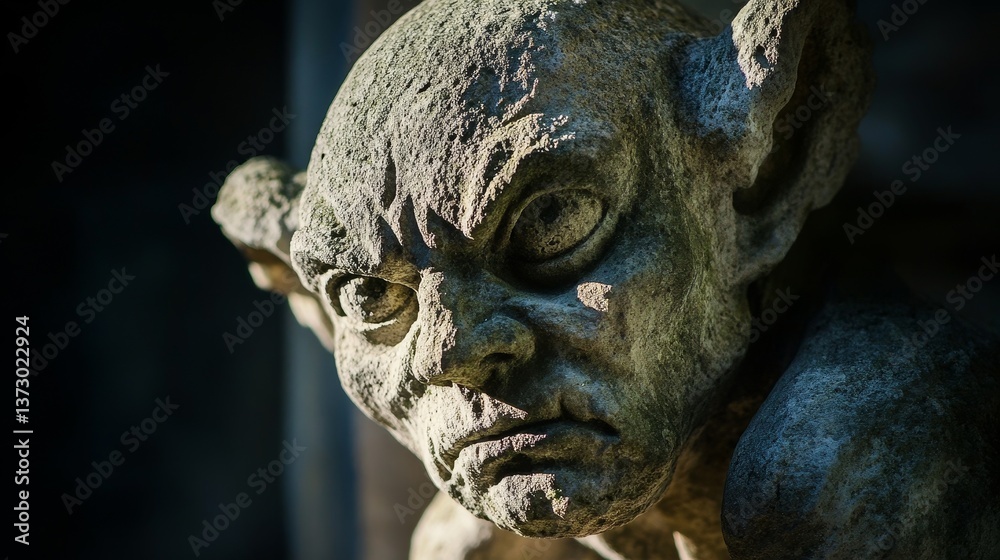 Stone gargoyle sculpture with pointed ears and an angry expression. Stone gargoyle sculpture with pointed ears and an angry expression.