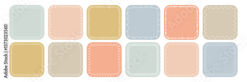 Pastel square sticker set with hand drawn doodle borders. Square frame with playful outlines. Ideal for planner, journaling, scrapbooking, packaging, digital design, craft product label, gift tag