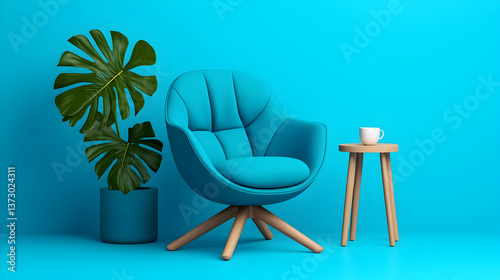 Teal Swivel Chair with Monstera Plant in Blue Room