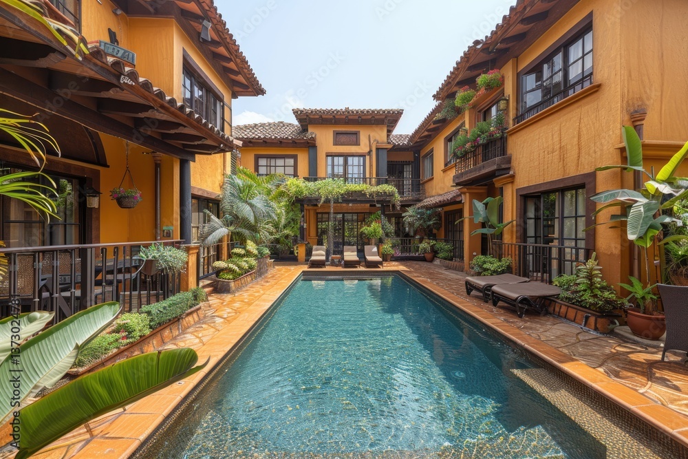 Fototapeta premium A luxurious courtyard featuring a swimming pool and elegant architecture