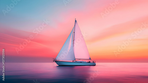 White Sailboat at Sunset on Calm Ocean