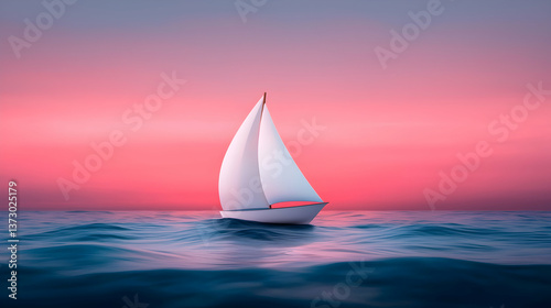 White Sailboat on Pink Sunset Ocean