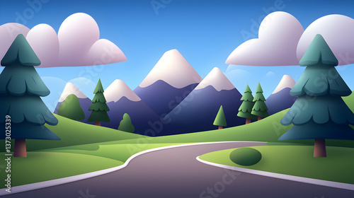 Winding Road Through Lush Green Hills and Majestic Mountains Under a Sunny Sky