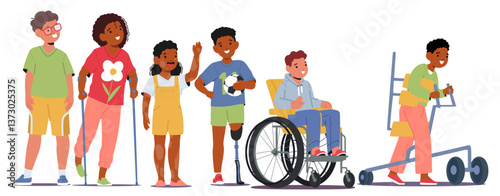 Diverse inclusive children cartoon characters with eyesight, skin and body physical disability