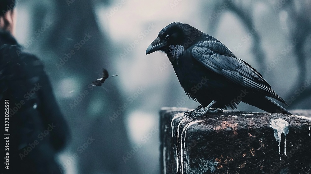 Fototapeta premium Black bird perched on wooden post near man in jacket amidst forest