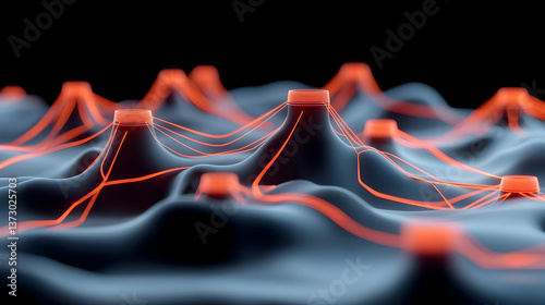 Abstract 3D Rendering of a Network: Orange and Red Nodes Connected by Lines on a Dark Blue Surface