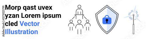 Team hierarchy diagram, shield with locked padlock, wind turbine. Ideal for teamwork, leadership, security, sustainability, energy technology and innovation. Flat landing page banner