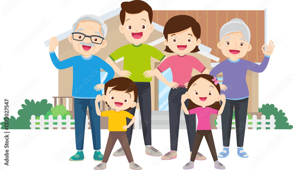 family and home.Happy family in front of their house.Father, mother, son and daughter grandparent outdoors. family and home.Happy family in front of their house.Father, mother, son and daughter grandparent outdoors.
