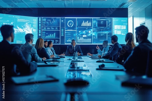A corporate leadership team in a high-tech boardroom, conducting a crisis management meeting, with real-time data feeds and communication tools displayed on interactive screens.