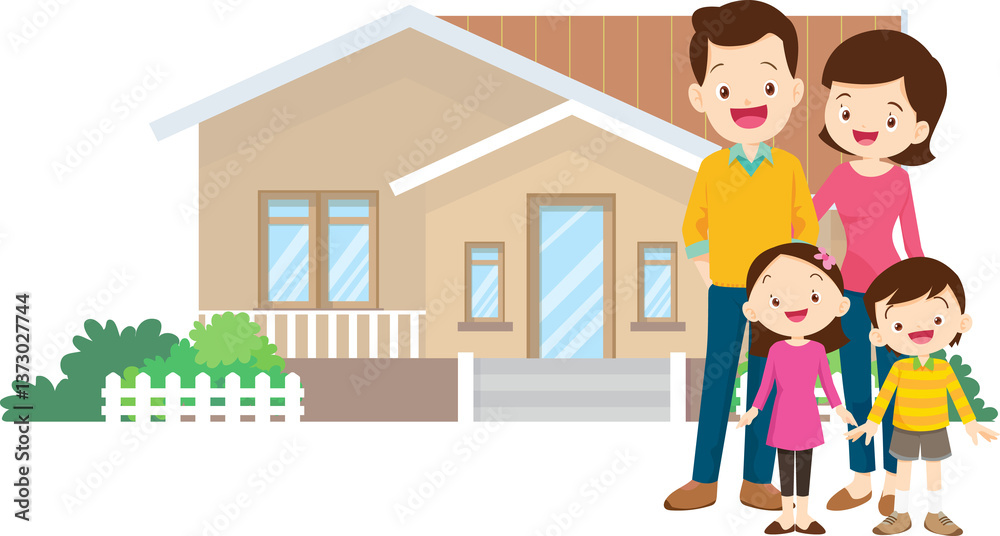 family and home.Happy family in front of their house.Father, mother, son and daughter grandparent outdoors.