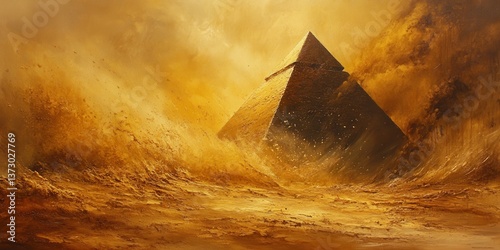 Pyramid's Revelation: In a landscape of ochre tones, an ancient pyramid stands, its form emerging from swirling mists, offering a timeless view that evokes the aura of its former splendor and history.