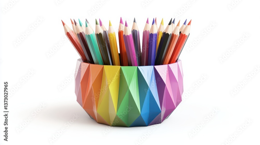 Fototapeta premium A colorful arrangement of pencils in a vibrant geometric container