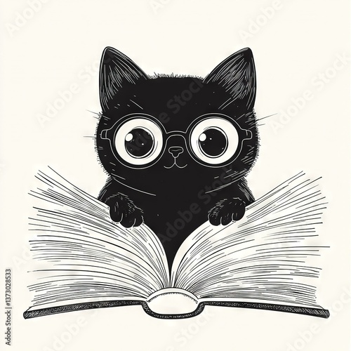   Black cat atop open book, glasses perched