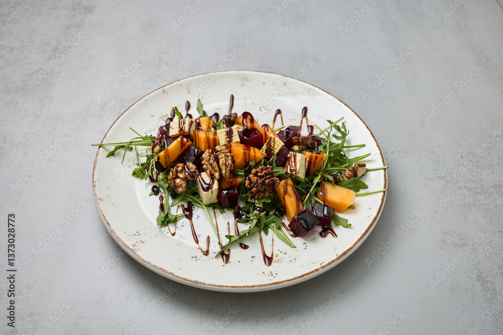 Gourmet Salad with Persimmon, Beetroot, and Walnuts
