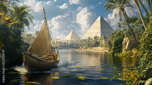 Ancient Egyptian River Journey: A Sailboat Navigates the Nile, Pyramids in the Background