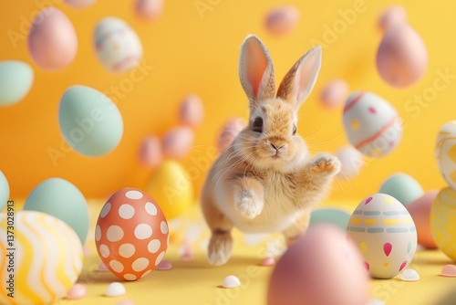 Playful Easter bunny hopping among vibrant Easter eggs on a bright green lawn in a charming