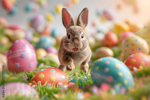 Playful Easter bunny hopping among vibrant Easter eggs on a bright green lawn in a charming